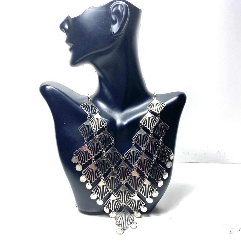 Silver Tone Statement Bib Necklace Dangle Flapper Gypsy Art Deco Boho Style